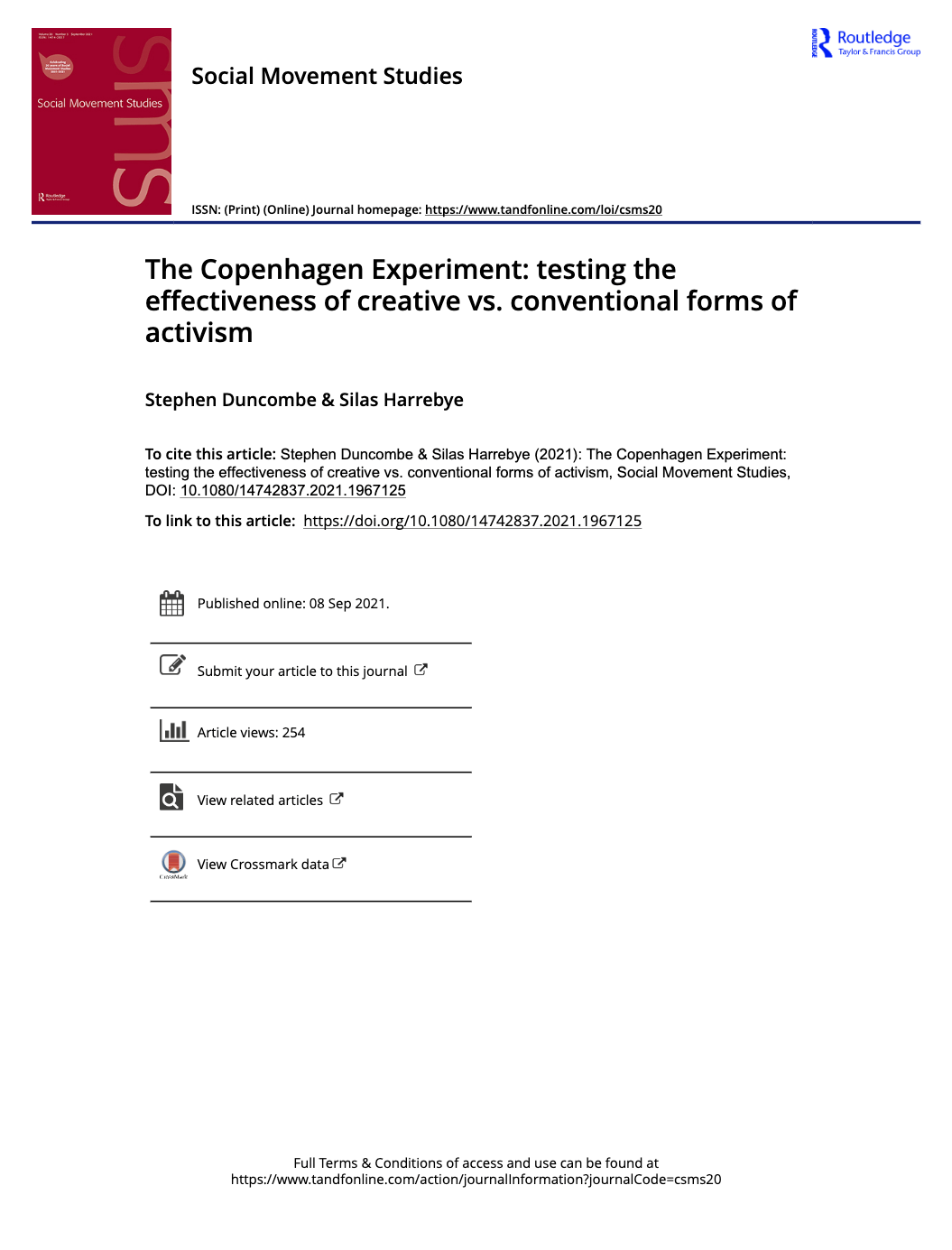 Screenshot of The Copenhagen Experiment Published in Social Movement Studies academic research